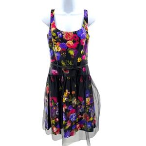 Milly Natalie Floral Cocktail Dress Black Multi Tulle Skirt Bow Belt 10 NEW